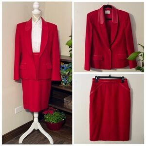 Classic Wool Blazer & Skirt Set with Leather Trim Accents
